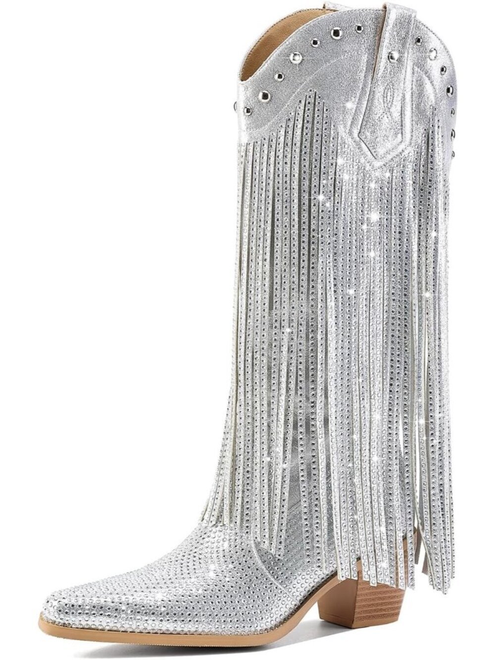Women's Silver Rhinestone Fringe Cowgirl Boots Sparkly Western Pointed Toe